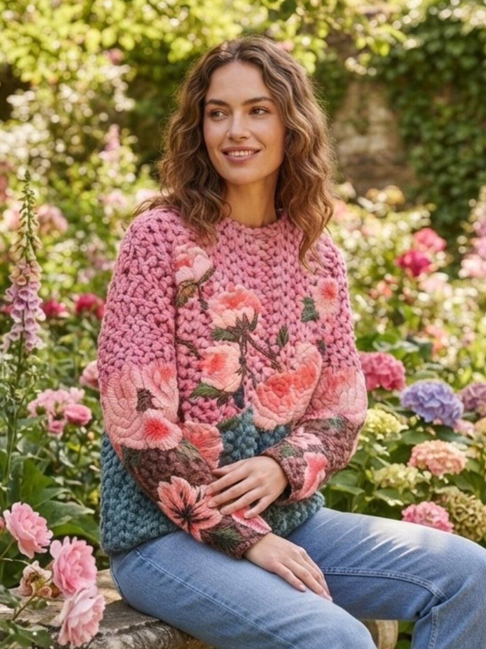 Rose Pattern Knit Funnel Neck Sweater Pink XXL
